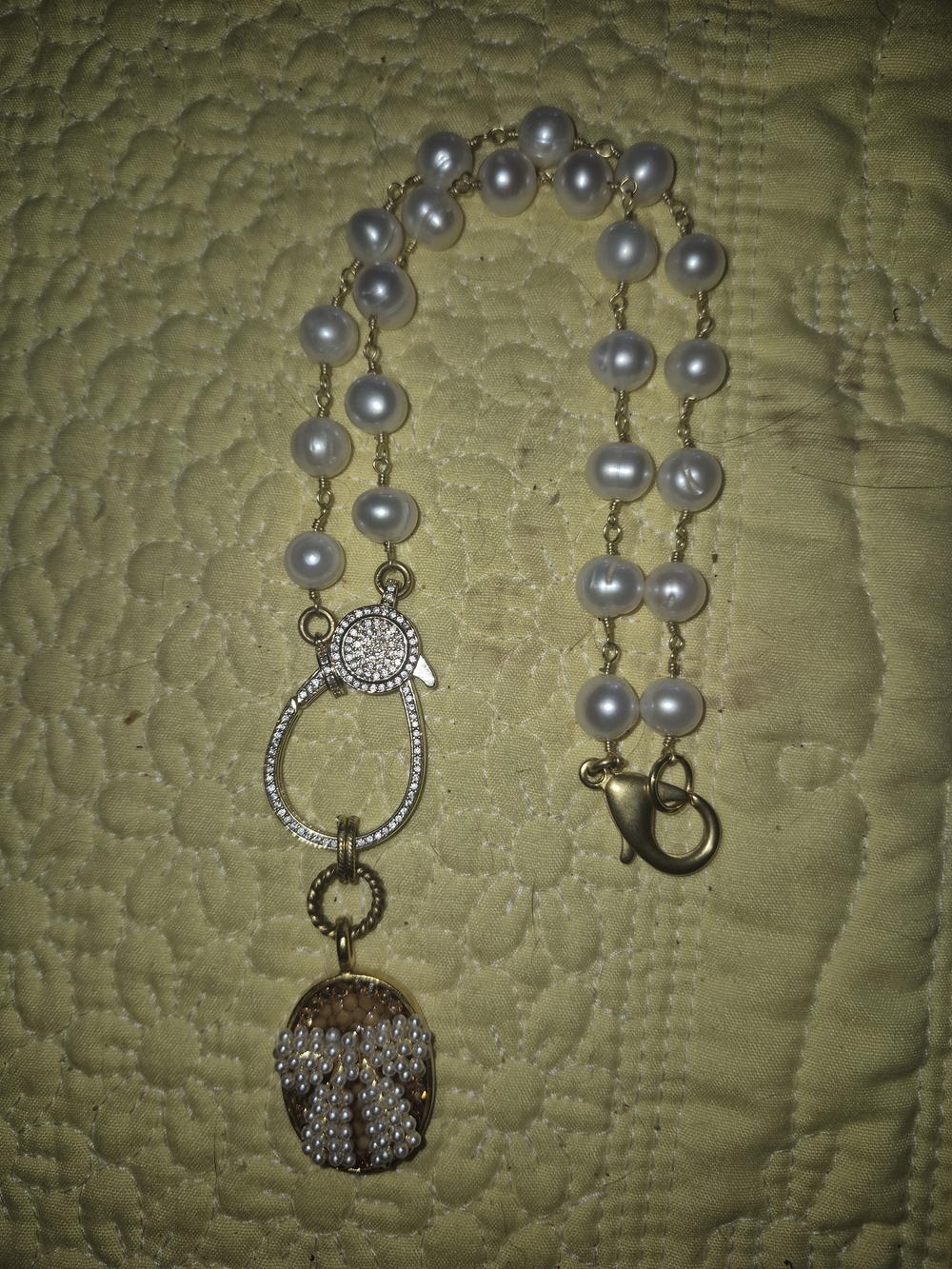 Gold Pearl Pendant Necklace with Crystal Accent - White Pearls